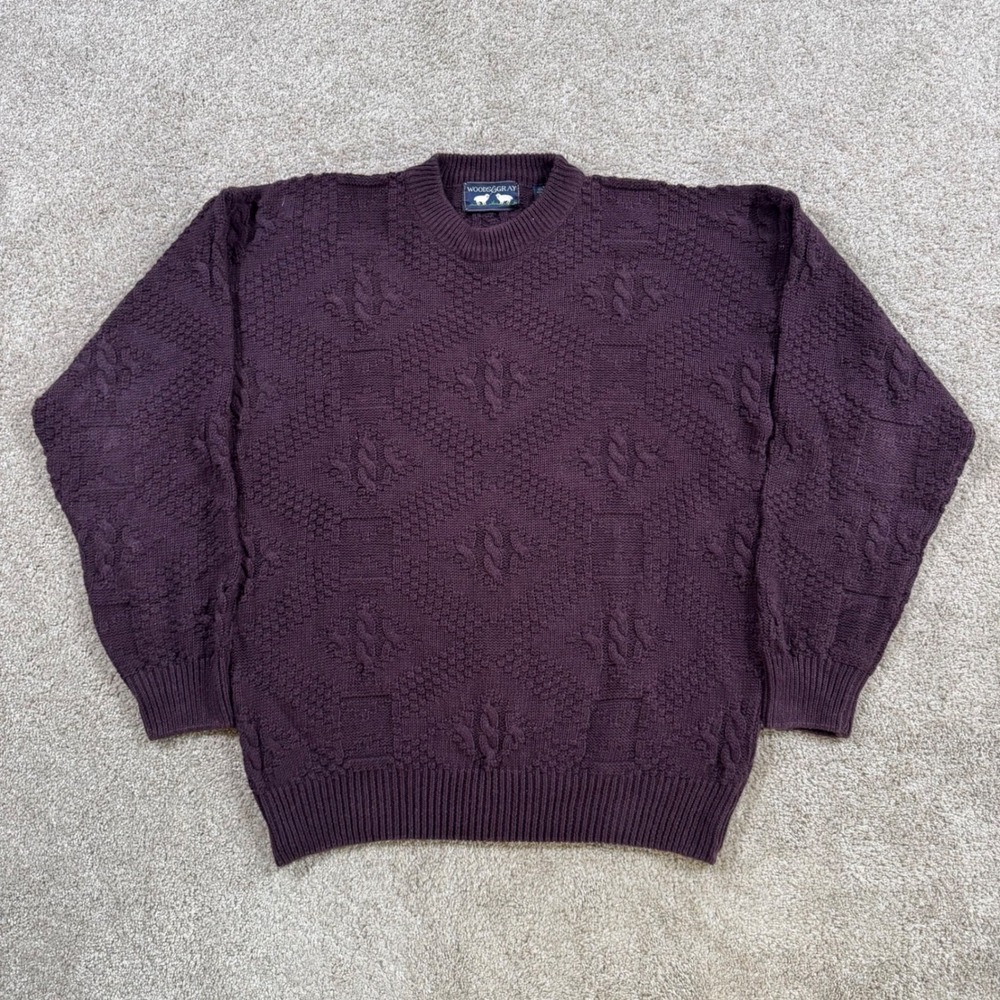 Woods & Gray Mens Plum Purple Cable Diamond Textured Knit Ramie Cotton Sweater L